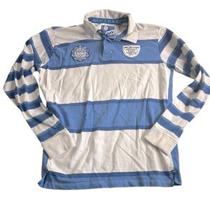 VTG Enyce Rugby Polo Shirt Mens M Blue White Striped Long Sleeve E96 Hip Hop Y2K